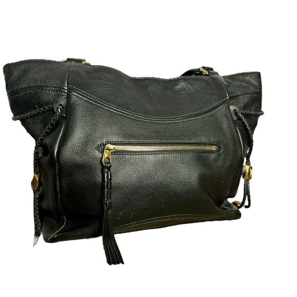 Oryany black supple leather braided drawstring tassel sides slouchy hobo bag - Picture 2 of 13